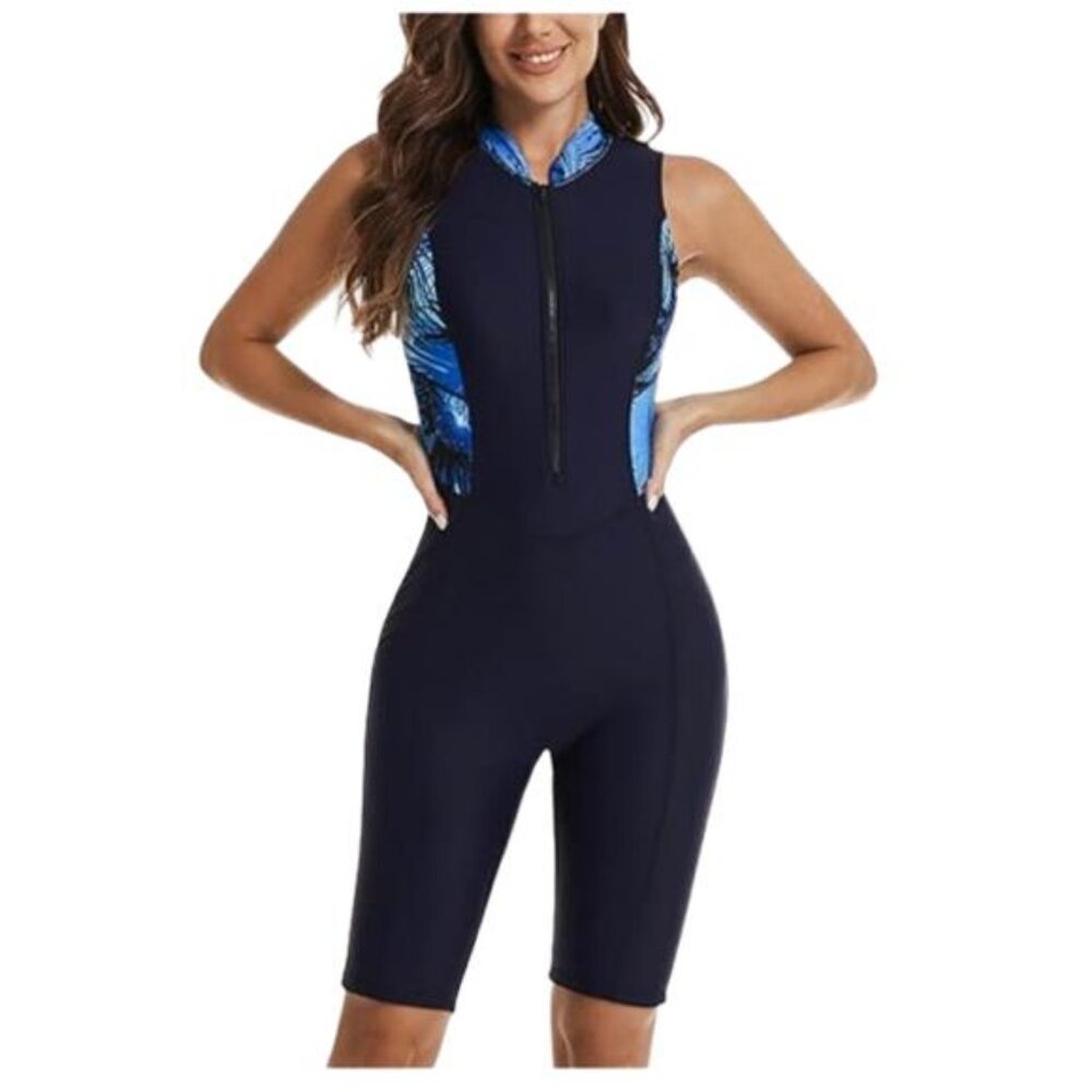 NEW FEOYA One Piece Swimsuit Boyshort Rashguard Front Zip Up Women's M